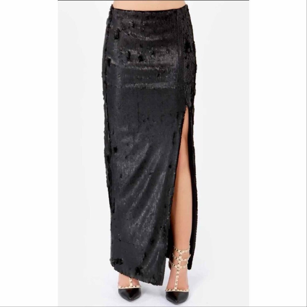 Blaque Label Mind Over Matter Black Sequin Maxi Skirt Size S Front Slit